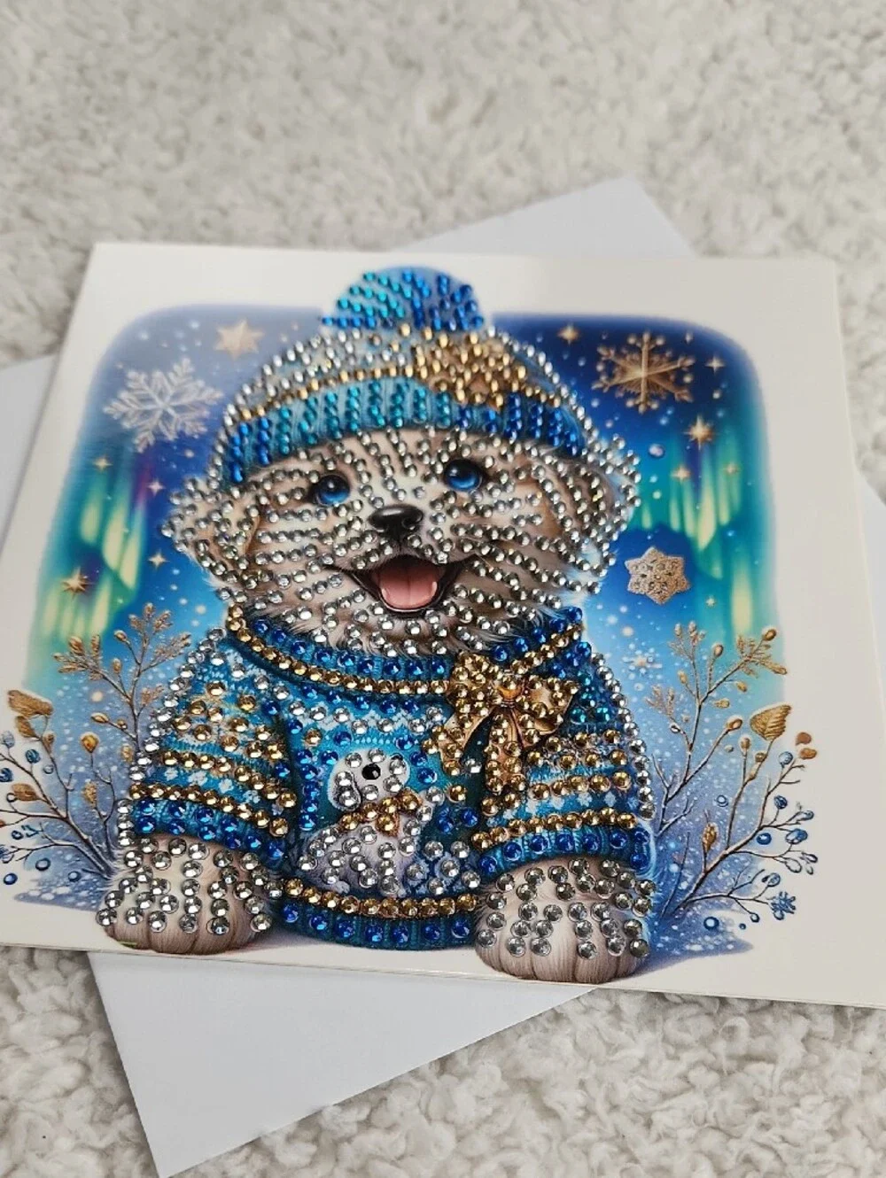 Sparkling Diamond Painting Art Winter Puppy Greeting Card - Blue & Silver